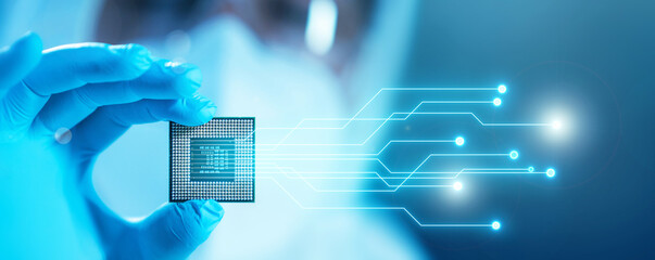 Close-up of Professional Scientist Holding a Modern Microprocessor Chip in Hand. Scientific...