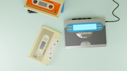 Fototapeta premium Retro portable cassette player isolated and audio cassette on green background. 3D illustration. It's like going back in time to the 70-90s. 3d rendering