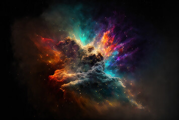 Naklejka na ściany i meble dark background with multicolored fractal nebula dust. Generative AI