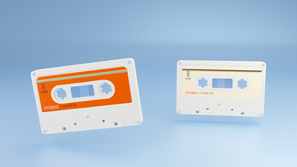 Fototapeta premium white vintage audio cassette on blue background. It's like going back in time to the 70-90s.