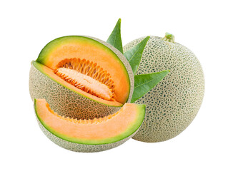 melons or cantaloupe with leaf isolated on transparent png