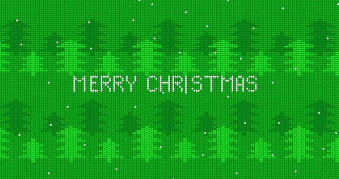 Green forest with snow and Merry Christmas text, ugly sweater. New Year holidays season animated video. Animation of Winter knitted sweater pattern.