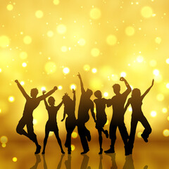 Fototapeta na wymiar Silhouettes of people dancing on a gold bokeh lights background