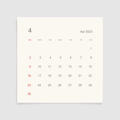 April 2023 calendar page on white background. Calendar background for reminder, business planning, appointment meeting and event. Week starts from Sunday. Vector illustration.