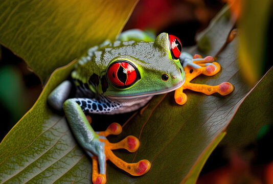 Tree frog with red eyes resting on leaves. Generative AI
