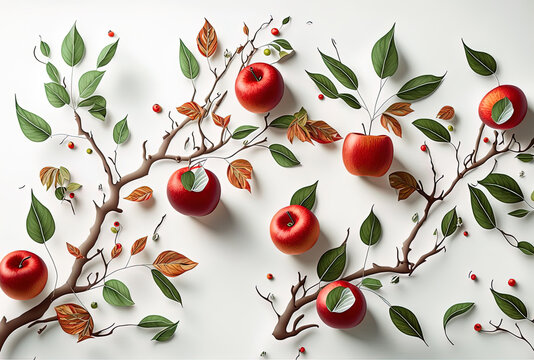 White backdrop with red apples on branches. Top perspective, flat lay, and anime style. Generative AI