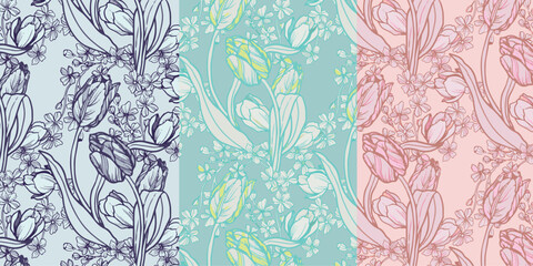 Seamless pattern, Tulip with tiny floral for textile, paper, wrapping, backdrop.  