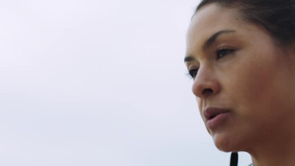 Wellness, music or woman runner face for running training, cardio exercise or health fitness outdoor in Canada. Goals, sport event or girl athlete with motivation for marathon race or sports workout