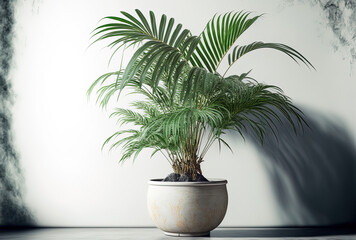 Indoor plant in a pot on a white table. the ornamental Areca palm (Dypsis lutescens). Generative AI