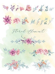 Pink, yellow flowers and green leaves watercolor with isolated elements. Pastel tones for bouquets, wedding invitations, anniversary, birthday, greetings, cards, logo with watercolor background.