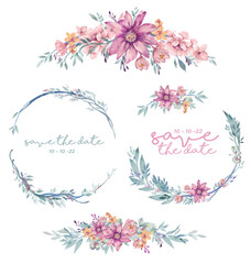 Purple, pink, yellow flowers and green leaves watercolor vector design with round invitation frame for bouquets, wreaths, arrangements, wedding invitations, anniversary, birthday, postcards, greetings