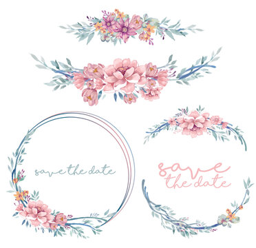 Pink pastel watercolor flowers vector design with round invitation frame. Rustic wedding with mint, pink, blue tones. Watercolor save the date card. Summer rustic style. 