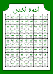 simple vector set complete 99 name of Allah, islam god or asmaul husna, in arabic, latin and english at white background