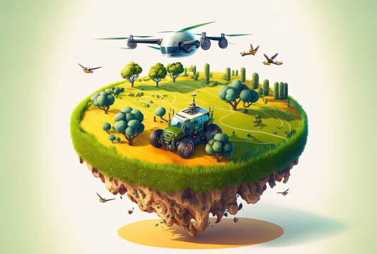 Illustration Shows A Floating Island Wheat Agricultural Field With A Tractor And A Drone Watering The Crops. Lovely Pasture In An Agricultural Scene. Concept Idea For A Digital Farm And Smart Farming