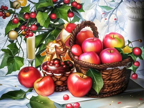 Apples in basket. Painting of Apples and Basket. Beautiful illustration of set Apples.