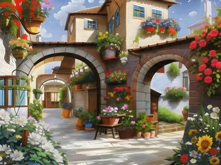 Flowers in the garden. Landscape painting of home decoration with many flowers. Beautiful illustration of home design.