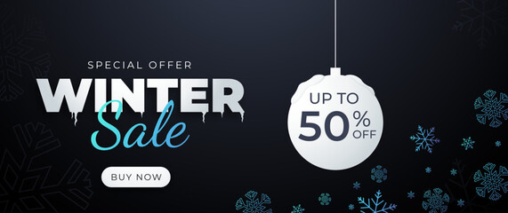 Naklejka premium Winter sale banner, up to 50% off, banners for online shopping. Banner for social media stories sale, web page, mobile phone. template design special offer.