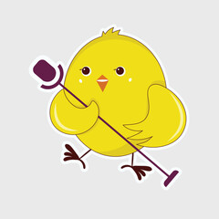 Sticker Style Funny Bird Cartoon Holding Microphone Over Grey Background.