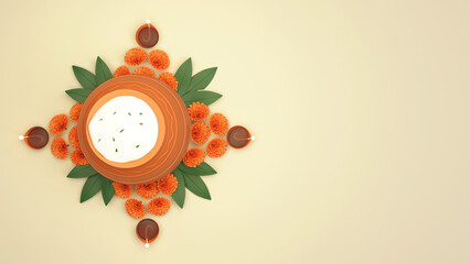 Top View Mud Pot Full Of Pongal Dish Over Floral Rangoli With Lit Oil Lamps (Diya) And Copy Space On Pastel Yellow Background. 3D Render.