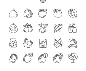 Guava. Exotic tropical fruit. Guava juice. Food shop, supermarket. Menu for cafe. Pixel Perfect Vector Thin Line Icons. Simple Minimal Pictogram