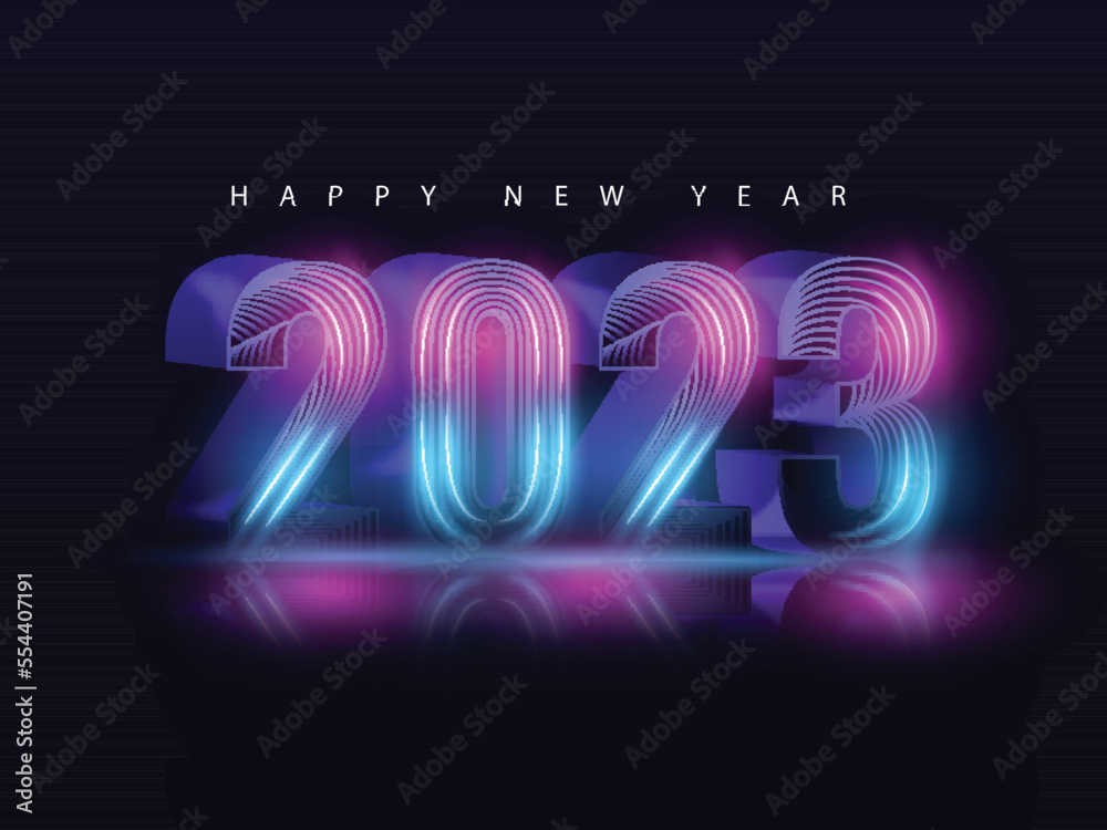 Sticker 3D Gradient Neon 2023 Number With Light Effect Against Dark Purple Background.