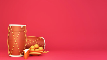 3D Illustration Of Punjabi Festival Elements As Dhol, Indian Sweet (Laddu) Bowl, Wheat Ear, Thandai Glass And Copy Space On Red Background.