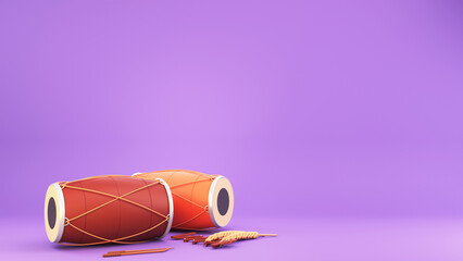 3D Rendering Punjabi Music Instrument With Wheat Ear And Copy Space On Purple Background.