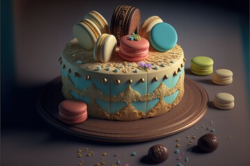 Cake decorated with macarons and chocolate