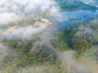 Aluminium Prints Morning with fog Aerial view morning tropical rainforest green tree river with fog