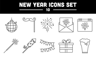 Set Of New Year 10 Icons Or Symbol Set In Black Stroke.