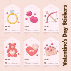Valentines Day Elements Decorated Pentagon Stickers Or Tags Set On Peach Background With Copy Space.