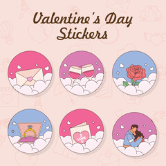 Set Of Valentine' Day Elements On Fly Hearts With Clouds In Circle Background For Sticker Or Label Design.