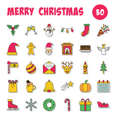 Isolated Merry Christmas Celebration 30 Icon Set In Flat Style.