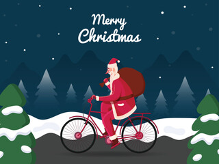 Vector Illustration Of Santa Claus Riding Bicycle With Heavy Bag On Snow Landscape Background For Merry Christmas Concept.