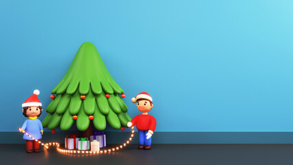 3D Render Of Cartoon Kids Holding Lighting Garland With Gift Boxes Under Xmas Tree On Blue Background And Copy Space.