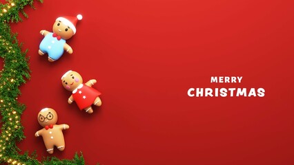 Merry Christmas Celebration Banner Design With Top View Of Funny Gingerbread, Fir Leaves And Lighting Garland On Red Background. 3D Render.