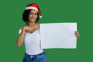 Woman in Santa hat for product demonstration