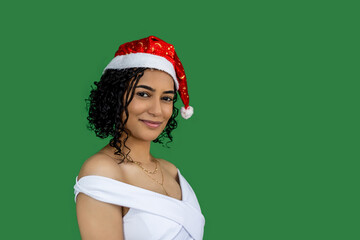 Woman in Santa hat for product demonstration