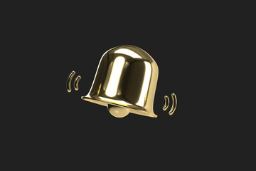 Golden alarming bell icon for message, reminder, and social media. 3D rendering isolated with clipping path.
