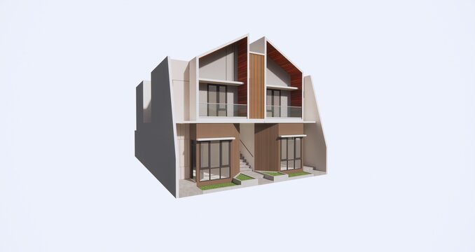 3D Rendering and illustration twin house in makassar, south sulawesi, indonesia, with contemporary modern concept
