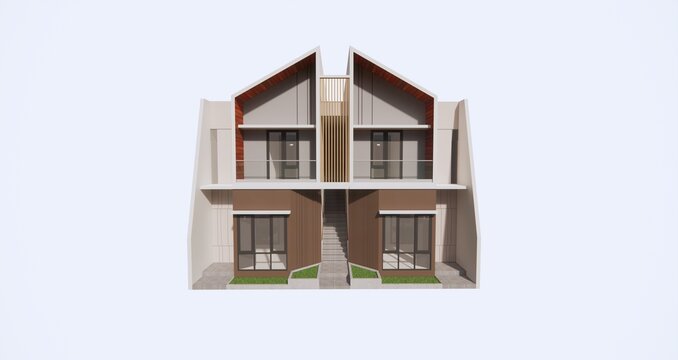 3D Rendering and illustration twin house in makassar, south sulawesi, indonesia, with contemporary modern concept