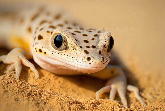 Sand gecko stenodactylus petrii stenodactylus petrii gecko basking in the sand closeup. Generative AI