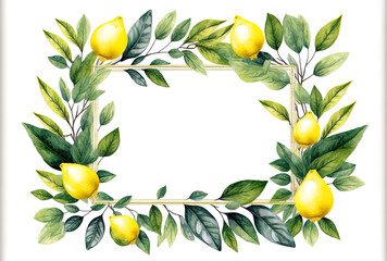 Lemon frame in a hand drawn watercolor painting on a white backdrop. Branches, buds, and green leaves are shown in a. Ideal for use as a card backdrop for birthdays, mothers' Day, and wishes