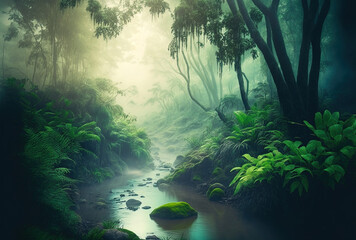 river in a jungle rainforest, with trees shrouded in fog. Fantasy lush and serene tropical landscape with a stream. mysterious nature's calm in a tropical forest. Generative AI