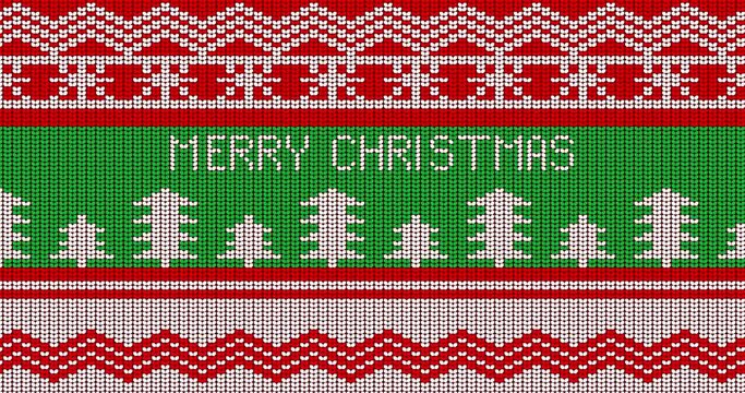 Ugly sweater animated video with Merry Christmas text. Animation of Winter knitted sweater pattern in red, white and green.