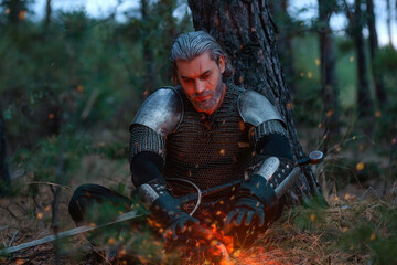Age male warrior in chain mail with gray hair and a scar on his face at dusk. A knight in armor...
