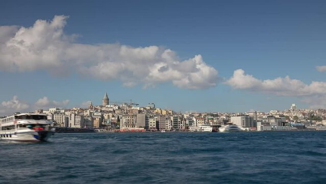 sunny day istanbul city downtown riverside bay panorama 4k timelapse turkey 