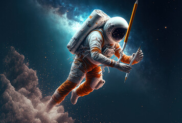 Fototapeta premium Instagram post banner featuring a digital astronaut flying with a pencil. Generative AI