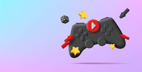 3d illustration of gamepad controller with buttons and dynamic play stars and dice cube, render style © YarM
