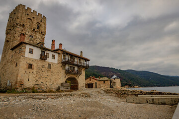 The harbour of Saint George the Zograf Monastery or Zograf Monastery in Greece. It was founded in...